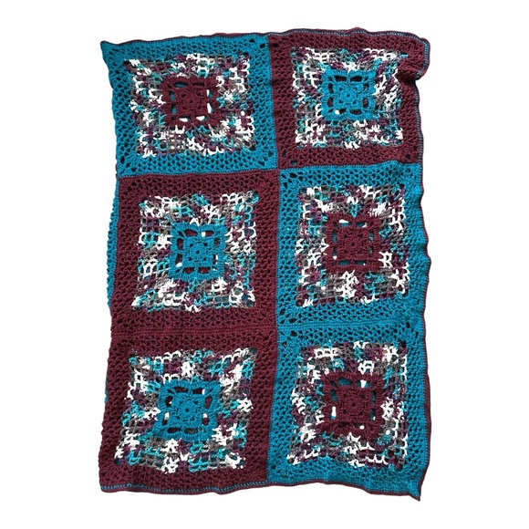 Handmade Retro Granny Square Afghan Blanket Throw 76”x56” Teal Blue Burgundy - Picture 1 of 16